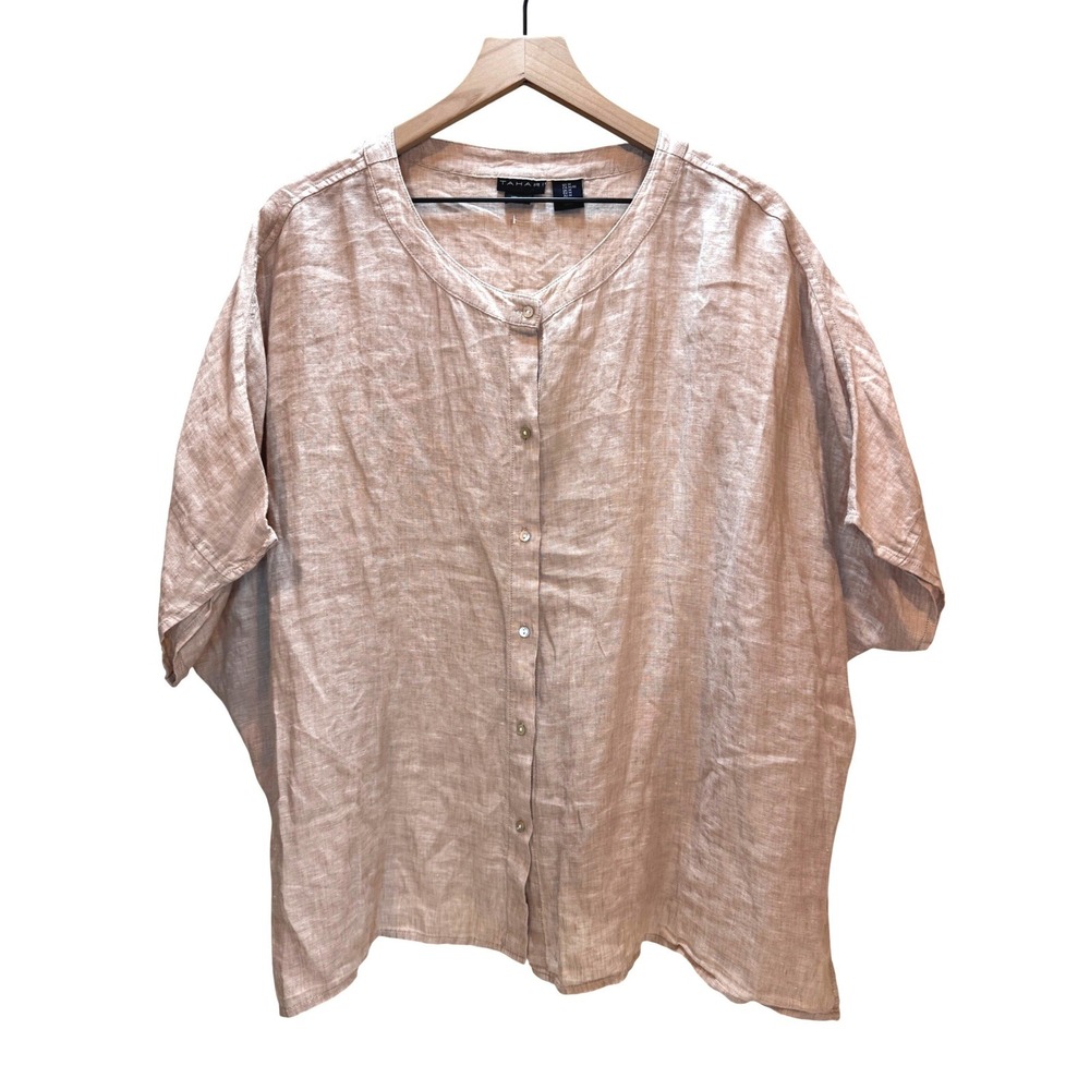 Tahari Button Up Women Medium Tan Linen Short Sleeve Oversized Blouse Top